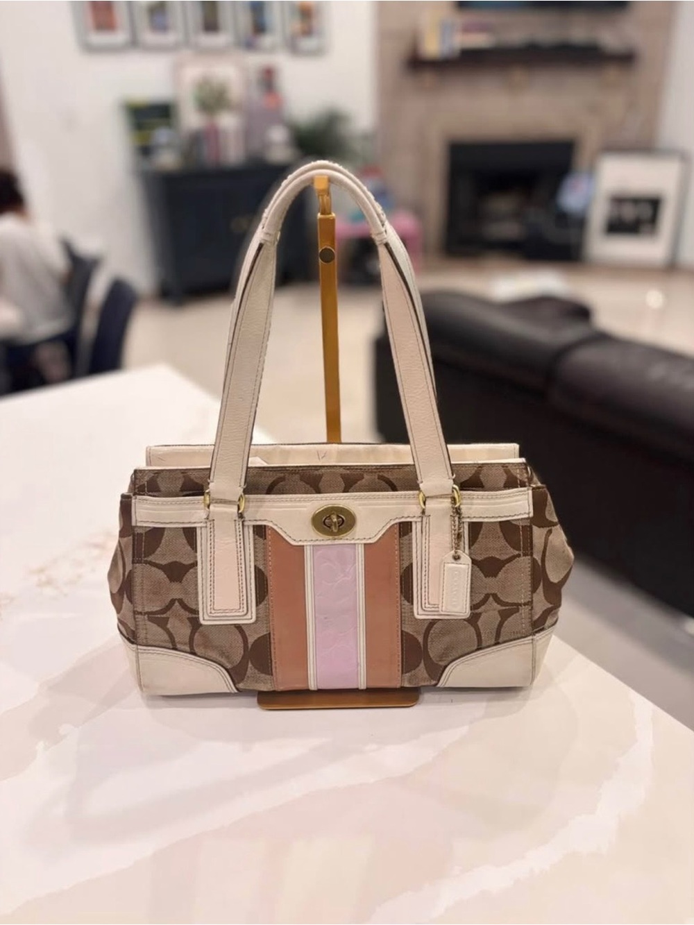 Signature Monogram Tote with Pink and Beige Stripe
